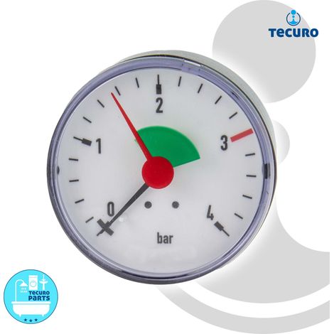 tecuro Heizungsmanometer 0-4 bar, Ø 63 mm - 1/4 Zoll Anschluss axial (hinten), selbstdichtend