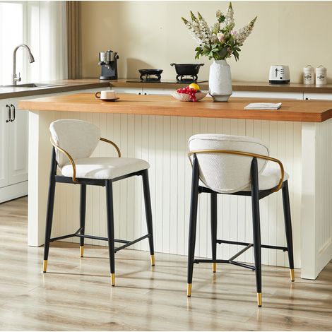 Set di 2 sgabelli da bar beige in ciniglia con schienale, altezza regolabile, nero e oro (1/5)