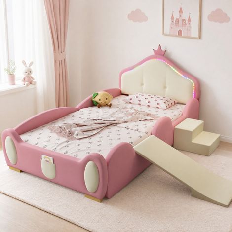 DESMIU Lit Enfant 1 Place avec LED, Toboggan et Escalier 90 × 200 cm, Sans Matelas, en PU, Rose et Beige (1/5)