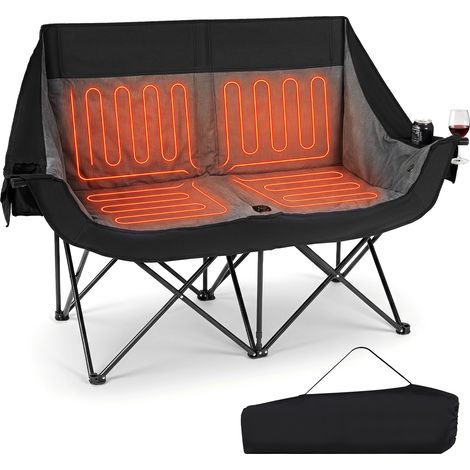 Chaise de Camping Chauffante, Chaise d’Extérieur 2 Places avec 4 Zones de Chauffe & 3 Niveaux de Température, Poches & Porte-gobelets,Sac de Transport (1/5)