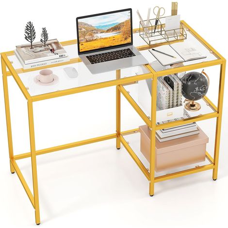 Bureau Informatique en Verre Trempé, Petit Bureau avec Rangement, Table d’Ordinateur Moderne Cadre Métal, pour Chambre, Étude, Salon (Doré) (1/5)