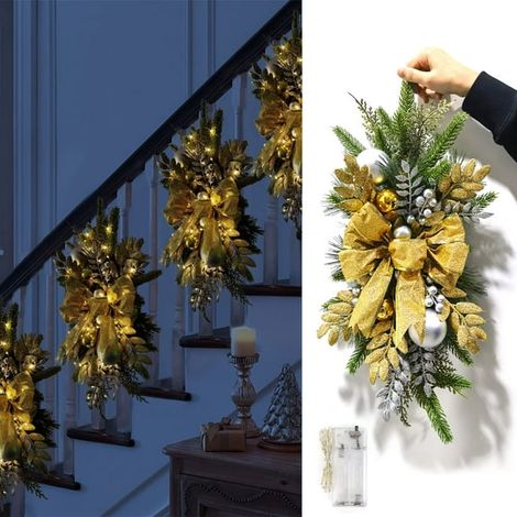 Décoration d'escalier de Noël LED, guirlande artificielle en forme de larme, guirlande lumineuse pour rampe, porte et mur, dorée, 1 pièce, simulation 2022, suspension festive. (1/3)