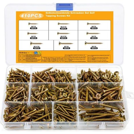 Lot de 410 vis à bois - Acier zingué coloré - Tête fraisée Phillips - Fixation universelle - Menuiserie et bricolage (1/5)