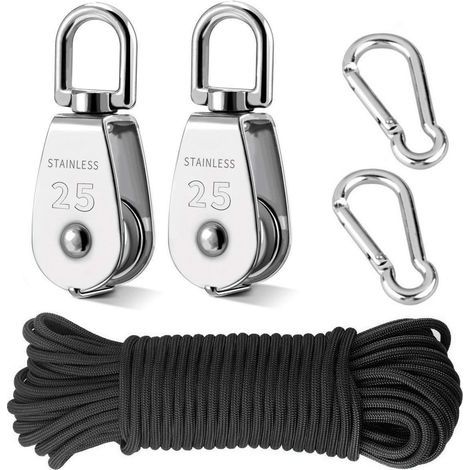 Puleggia per gru, 2 pezzi M25, sistema di pulegge robusto per il sollevamento, blocco puleggia singolo con gancio girevole in acciaio inox 304, corda in nylon da 20 m (6 mm) e moschettone (1/5)