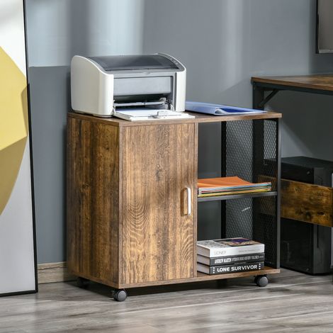 Meuble support imprimante - caisson rangement bureau - armoire à porte, 2 compartiments ouverts, large plateau - aggloméré aspect bois métal noir (1/5)