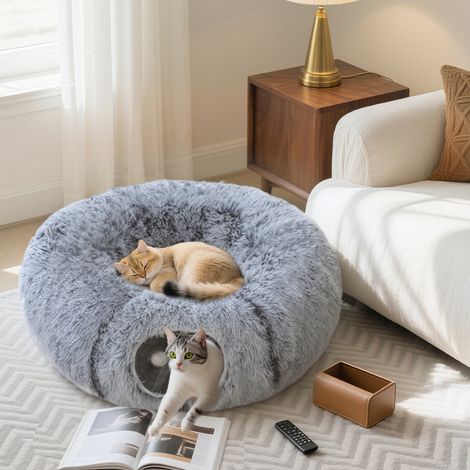 Tunnel pour chat d'intérieur avec couchage en forme de donut et coussin rond lavable, 90 x 80 x 27 cm, gris clair (1/5)