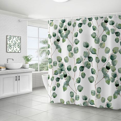 Rideau de douche 180x180cm résistant à la moisissure et imperméable avec 12 anneaux, orné d'un motif végétal vert imprimé numériquement en 3D aux couleurs vives. (1/5)