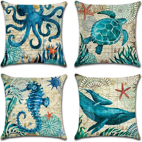 Taies d'oreiller imperméables, lot de 4 taies d'oreiller bleues sur le thème de la mer (1/5)