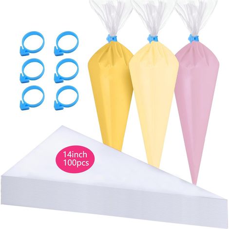 Lot de 100 poches à douille jetables de 35,6 cm avec 6 attaches pour poche à douille pour biscuits, glaçage, décoration de pâtisserie (1/5)