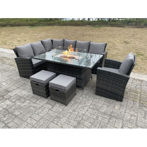 Fimous High Back Rattan Garden Furniture Sets Gas Fire Pit Dining Table Gas Heater Set Left Corner Sofa Small Footstools Chair 9 Seater (1/4)