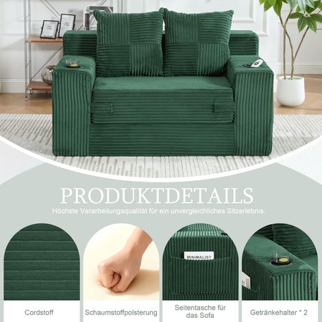 Questo moderno divano letto matrimoniale è un comodo divano a due posti rivestito in cashmere, completo di due cuscini e portabicchieri. Dispone inoltre di un elegante poggiapiedi decorativo con vano  (1/5)