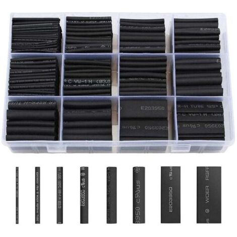 Schrumpfschlauch-Set, 650 Stück, schwarz, Schrumpfschlauch, 8 Größen, Verhältnis 2:1, Schrumpfschlauch-Set (schwarz)