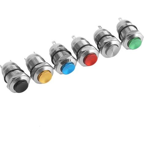 12 mm IP67 wasserdichter Metall-Druckknopf, 6 Stück ohne Kontrollleuchte, 2 Pins, verschiedene Farben: rot, grün, gelb, blau, schwarz und metallisch, robuster Reset-Schalter für Bedienfelder. (1/5)
