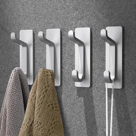 Crochet mural adhésif, porte-serviettes de salle de bain, porte-torchons de cuisine, fixation murale sans perçage, étanche, antirouille, argenté, lot de 4 (1/4)