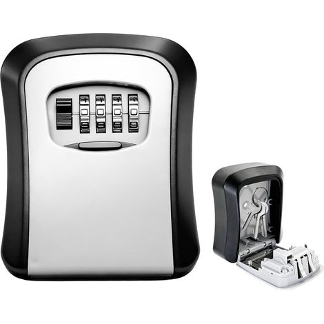 Caja de llaves con código, caja fuerte de pared con llaves de combinación de 4 dígitos, caja de llaves segura para uso en exteriores e interiores, caja de llaves negra/gris (1/5)