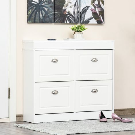 Armoire à Chaussures Meuble à Chaussures Rangement dimensions 98L x 24l x 83H cm 4 Portes abattantes Double Niveau MDF Blanc