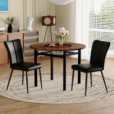 Set tavolo da pranzo 3 pezzi, tavolo rotondo 100x100x76 cm, con piano in vetro-MDF, 2 sedie imbottita in pelle PU, nero, per casa (1/5)