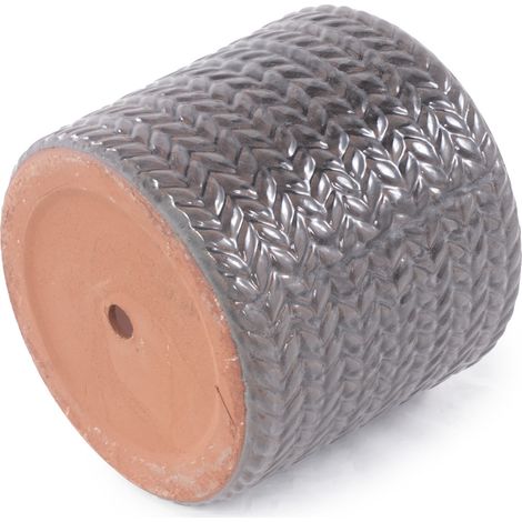 Vaso singolo in ceramica grigia Ø 17,5 cm con rilievo a spiga e foro di drenaggio (1/4)