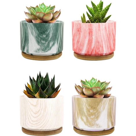 Set 4 Pezzi Vasi In Ceramica Con Moderne Decorazioni Fiori Piante Grasse Con Sotto Vaso In Bambù Foro Centrale Vasetti Cactus Decorazione Interno Esterno Casa Vasetto Con Foro Scarico Scrivania Comodi (1/5)