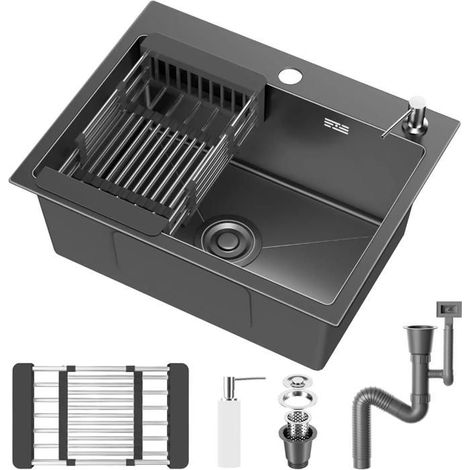 Évier Cuisine 1 Bac 55 x 43 cm, Inox avec Filtre de Vidange, Évier à Poser avec Trous pour Robinets