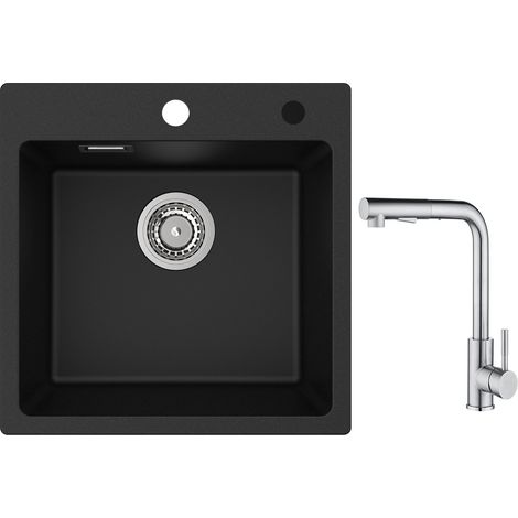 Cecipa Evier 1 Bac en Quartz et Résine 45x45cm Evier de Cuisine Evier à Encastrer 1 cuve + Mitigeur Cuisine avec Douchette Extractible - 2 Jets aux Choix - Brossé (1/5)