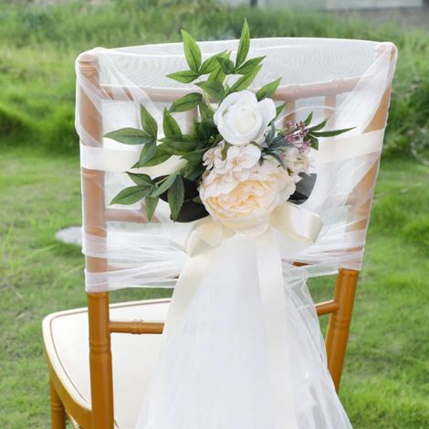 Décoration De Chaise De Mariage - Fleur Artificielle Rustique Blanche Avec Ruban En Chiffon - Pour Église Banc Banquette Aisle - 1 Pièce (1/5)