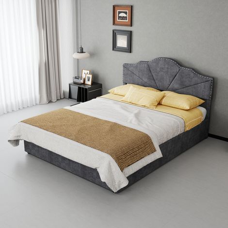 Lit moderne minimaliste moelleux 140x200 cm gris avec tête de lit confortable, lit coffre haut à gaz + matelas inclus (1/4)