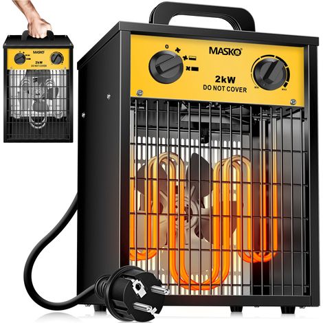 MASKO® Elektroheizer Heizlüfter Bauheizer mit integriertem Thermostat elektrisch Heizgerät mit 3 Heizstufen Heizgebläse für Innen- und Außeneinsat Gelb / 2 KW