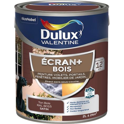ECRAN+ BOIS - Peinture satinée pour bois extérieur - Volets, portes, fenêtres, portails - Ton Bois 2 L - Dulux Valentine