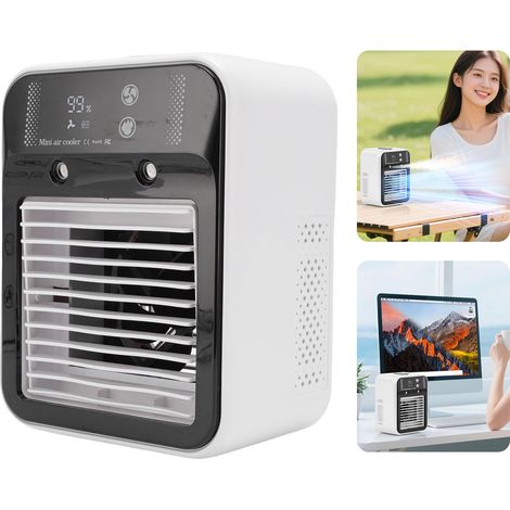Aire acondicionado de mesa portátil, silencioso y recargable por USB con función de nebulización para oficina y dormitorio.