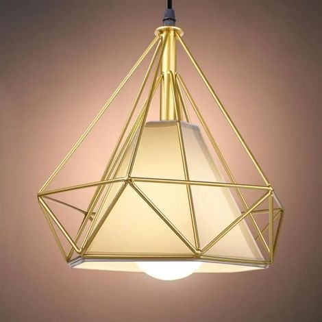 Lustre Suspension en Métal Diamant Cage Lampe Plafonnier Industrielle Style Nordique pour Salon Chambre Or (1/4)
