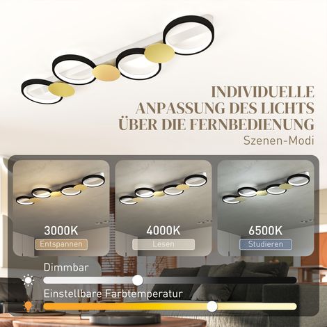 Plafonnier LED 38W 1500LM 3000K-6500K Lampe de plafond pour salon avec 4 ampoules télécommande Noir+Or (1/5)