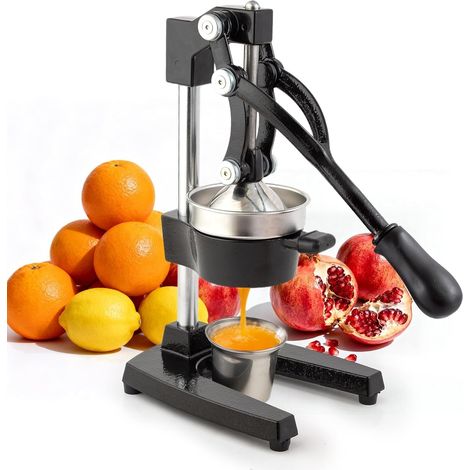 Spremiagrumi manuale in ghisa, spremiagrumi professionale per limoni, ideale per estrarre il succo da limoni, arance e pompelmi. Facile da pulire. (Nero, bicchiere non incluso)
