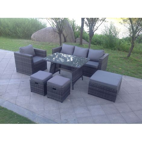 Fimous 7 Seater Grey Lounge Rattan Sofa Set Dining Table Chair Foot Rest Garden Furniture Outdoor (1/2)