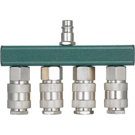 Luftverteiler für Kompressoren mit 4 Anschlüssen und 1/4"-NPT-Verschlussstopfen. Luftverteileranschluss, 4-Wege-Luftverteiler. (1/5)