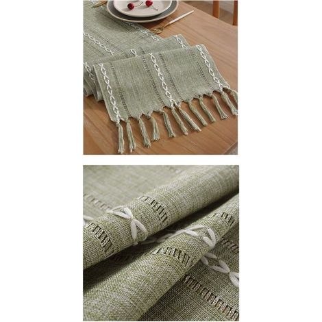 Chemin de table rustique en coton et lin, long chemin de table brodé de style campagnard avec pompons faits main, idéal pour les (1/2)