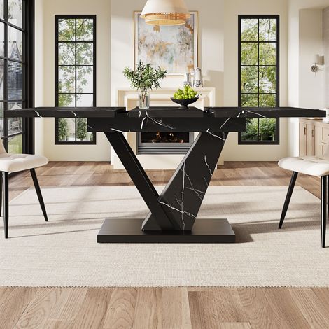 Esstisch Teleskoptisch (120-16075cm), Tisch, Küchentisch, Ausziehtisch, mit Hilfe innenliegender Einlegeplatten auf 120-160cm ausziehbar, für Küche und Wohnzimmer, Esstisch mit schwarzem Marmormuster (1/5)