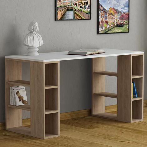 Scrivania con Libreria 6 Ripiani 140x60x75 cm Tavolo Porta Pc Computer in Legno Quercia (1/4)