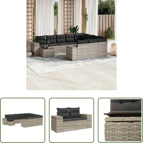 vidaXL Rattanmöbel - 11-tlg. Garten-Sofagarnitur mit Kissen Hellgrau Poly Rattan (1/5)