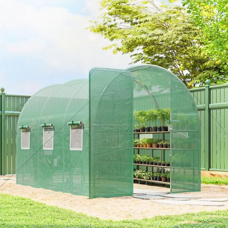 Invernadero de 3 x 2 x 2 m, invernadero de lámina con puerta abatible con cerradura, 6 ventanas de malla enrollables, postes de soporte. (1/5)