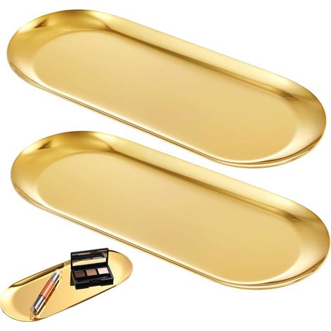 Lot de 2 Plateaux, Acier inoxydable, Finition dorée, Organisateur bijoux, Cosmétiques, Salle de bain