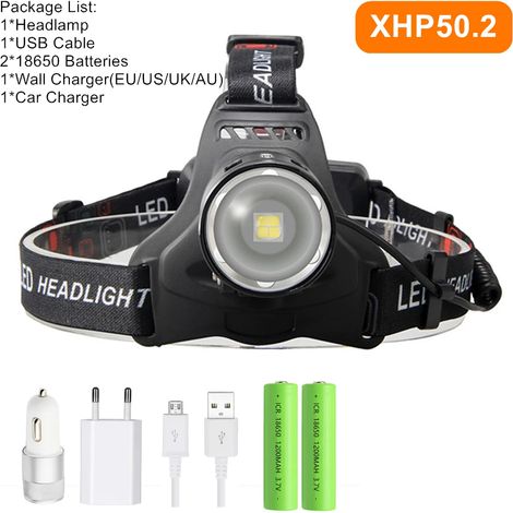(Pack D) Lampe frontale LED puissante XHP70.2 XHP50.2 avec zoom, lampe torche, batterie 18650 rechargeable par USB, lanterne de pêche (1/5)