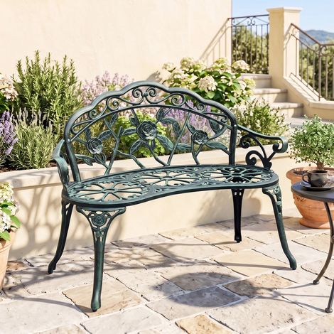 Banc Jardin 2 Places Vintage Rétro Fleuri Rose, Lignes Élégantes Fuselées, 100x54x78cm, Aluminium Moulé Vert, Siège Extérieur Robuste (1/5)