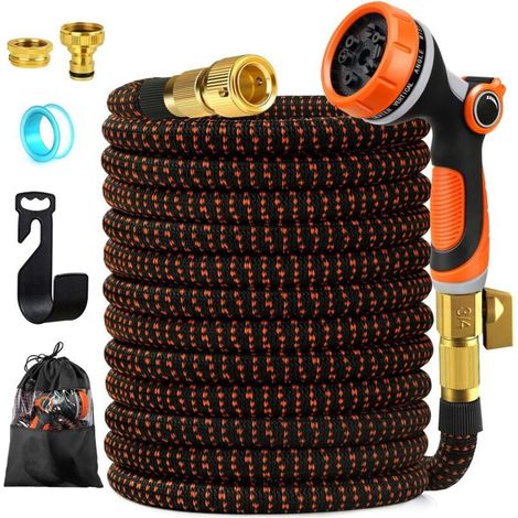 15m Expandable Garden Hose, 10-Mode Spray Gun Nozzle, 3/4" 1/2" Kitchen Faucet Adapter, Wall Mount Extendable Retractable Garden Hose Holder (1/5)