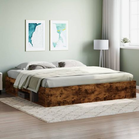 Maisonchic – Lit adulte 200 x 200 cm – Cadre en bois d'ingénierie chêne fumé – 6 compartiments de rangement – Dimensions totales 203 x 203 x 35 cm - KSAW86768