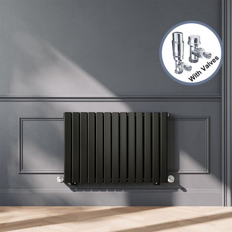 ELEGANT Black Designer Horizontal Radiator Double Panel Rads 600 x 884mm with Chrome Angled Thermostatic Radiator Valves (1/5)