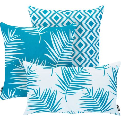 Conjunto de 3 cojines decorativos para exterior accesorios de jardín motivo plantas blanco y azul Birdwood (1/5)