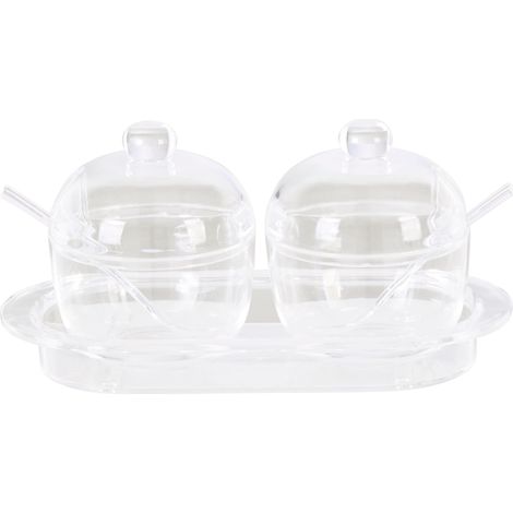 Premier Housewares Sugar Pot Vintage Sauce Dish Transparent Condiment Pots With Spoon And Tray Durable Containers Set Of 2 w10 x d12 x h22cm (1/4)