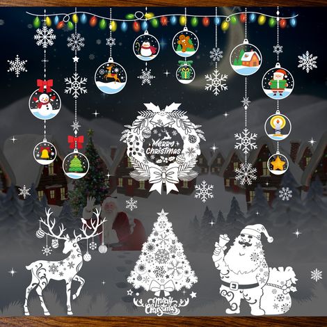 Autocollants de Noël, stickers pour fenêtres, sapin blanc avec le Père Noël, cloches, traîneau, bonhomme de neige, renne, flocons de neige, autocollants électrostatiques
