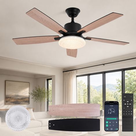 ROSNEK Ventilateur de plafond 132 cm avec lumière LED 50 W, moteur DC silencieux, 6 vitesses, télécommande et application, noir et effet noyer